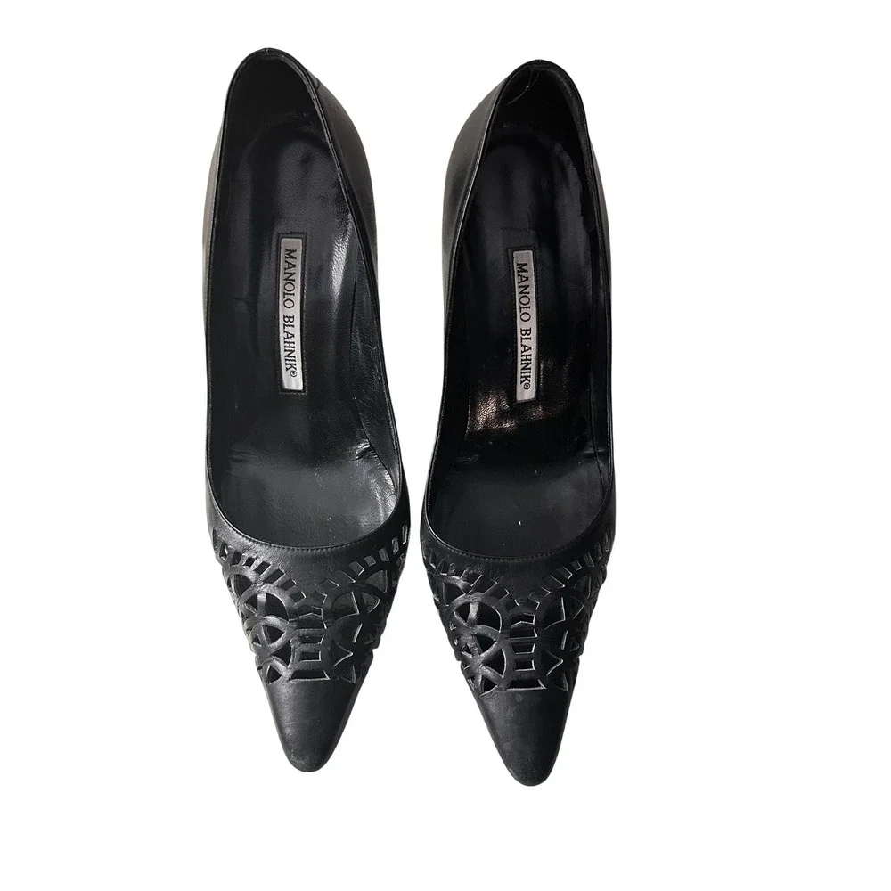 Manolo Blahnik Black Leather Laser Cut Geometric‎ Pointed Toe Pumps Stiletto 37